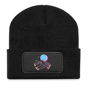 Neon Mountains Moon Sun Geometric Peaks - Recycled Patch Beanie - black - Front