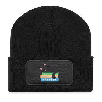 Cat lady sleeping black cat on books - Recycled Patch Beanie - black - Front
