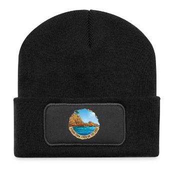Illustration of landscape with cliff and sea - Recycled Patch Beanie - black - Front