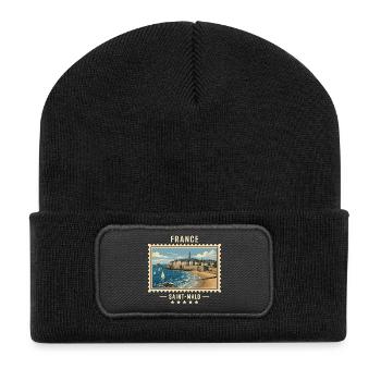 Frankreich Saint-Malo Vintage Reisemarke - Recycelte Patch Beanie - Schwarz - Vorne
