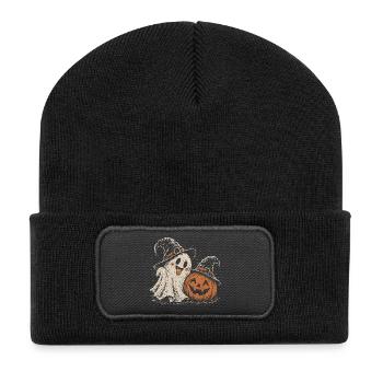 Ghost Pumpkin, Spooky Friends, Pumpkin Ghost, Happ - Recycelte Patch Beanie - Schwarz - Vorne