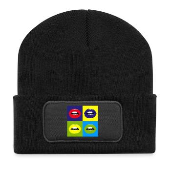 Pop Art / Comic: Kussmund, Lippen, Lippenstift - Recycelte Patch Beanie - Schwarz - Vorne