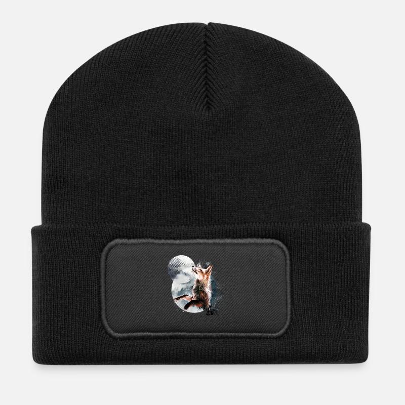 Fuchs im Mondschein - Recycelte Patch Beanie - Schwarz
