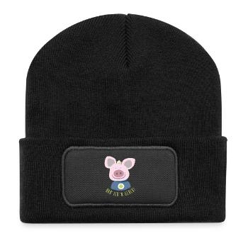 Schwein "Hab' ich 'n Glück" Illustration Kinder - Recycelte Patch Beanie - Schwarz - Vorne