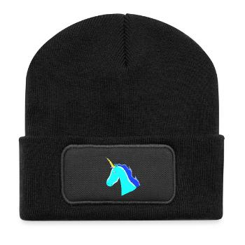 Einhorn Unicorn Geschenk Idee Blau Horn Schweif - Recycelte Patch Beanie - Schwarz - Vorne
