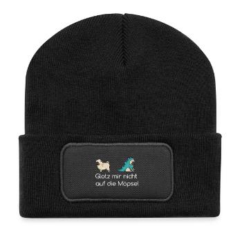 Glotz mir nicht auf die Möpse Geschenk - Recycelte Patch Beanie - Schwarz - Vorne