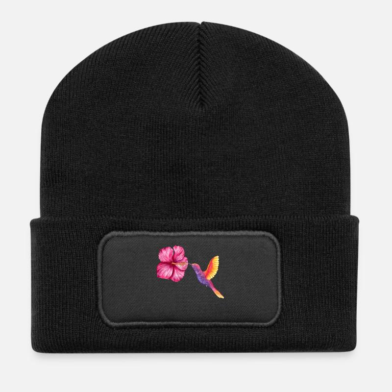 Kolibri und Hibiskus in Aquarell - Recycelte Patch Beanie - Schwarz