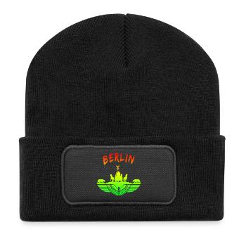 Berlin Design / Berliner Bär Brandenburger Tor - Recycelte Patch Beanie - Schwarz - Vorne