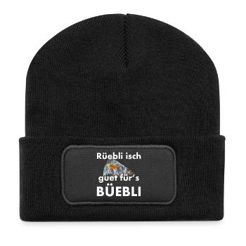 Rüebli isch guet fürs Büebli – Dialekt Spruch - Recycelte Patch Beanie - Schwarz - Vorne
