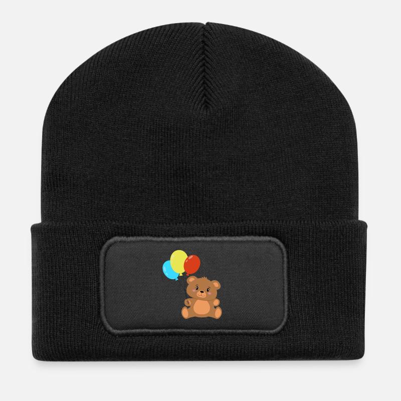 Teddybär mit Luftballons - Recycelte Patch Beanie - Schwarz