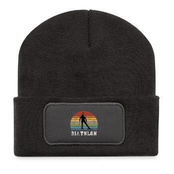 Design vintage biathlon / idée cadeau - Beanie recyclé à patch - charbon - Devant