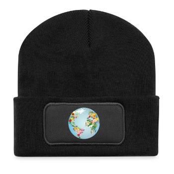 light blue globe with continents made of flowers - Recycled Patch Beanie - black - Front