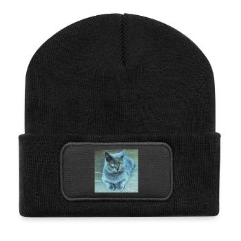 Gray Blue Cat with Golden Eyes - Recycled Patch Beanie - black - Front