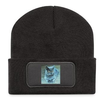 Grau Blau Katze mit Goldenen Augen - Recycelte Patch Beanie - Dunkelgrau - Vorne
