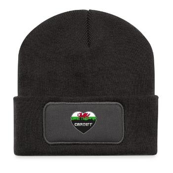 Cardiff Wales Skyline Silhouette Walisische Flagge Reisen - Recycelte Patch Beanie - Dunkelgrau - Vorne