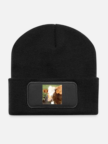 Kuh Poster - Recycelte Patch Beanie - Schwarz
