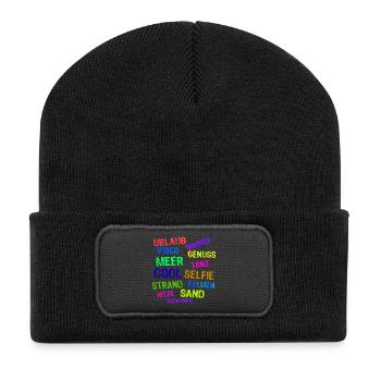 Urlaub Ferien Strand Auszeit Entspannen Palmen - Recycelte Patch Beanie - Schwarz - Vorne