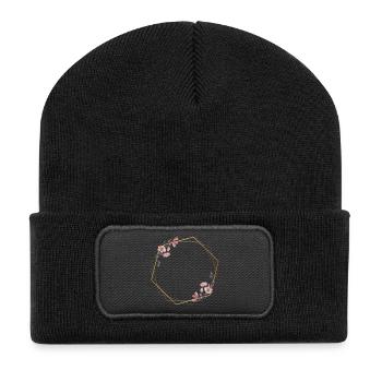 Geometrische Eleganz mit rosa Blumen - Recycelte Patch Beanie - Schwarz - Vorne