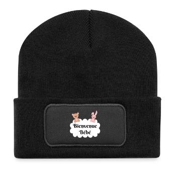 Bienvenue bébé ourson lapin nuage cadeau naissance - Beanie recyclé à patch - noir - Devant