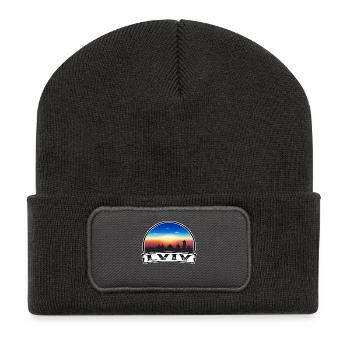 Lviv Ukraine Skyline Vintage Sonnenuntergang Reisen Souveni - Recycelte Patch Beanie - Dunkelgrau - Vorne