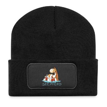 Seepferd im Urlaub I Comic Wortspiel Pferd - Recycelte Patch Beanie - Schwarz - Vorne
