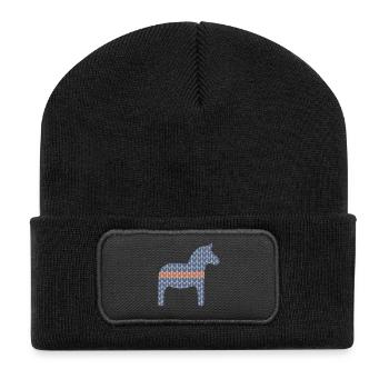 Dala cheval tricot motif marron Suède Hygge Scandi - Beanie recyclé à patch - noir - Devant