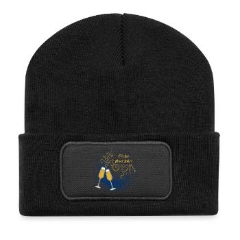 Frohes Neues Jahr Schriftzug Sektgläser Dekoration - Recycelte Patch Beanie - Schwarz - Vorne