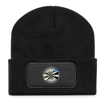 strahlende Dartscheibe mit blauen Dartpfeil - Recycelte Patch Beanie - Schwarz - Vorne