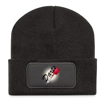 strahlender roter Dartpfeil mit Darts Typografie - Recycelte Patch Beanie - Dunkelgrau - Vorne