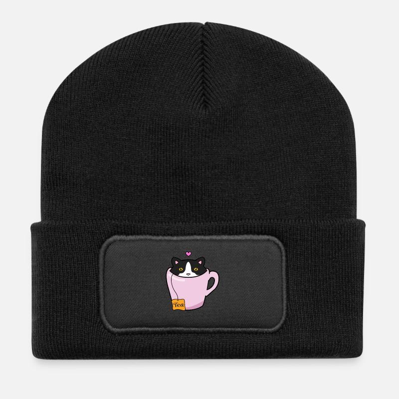 Schwarz-weiße Katze - Recycelte Patch Beanie - Schwarz
