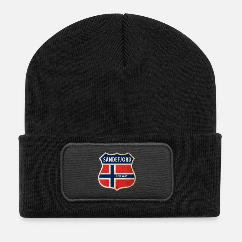 Sandefjord Norwegen Wappen Flaggen Design - Recycelte Patch Beanie - Schwarz