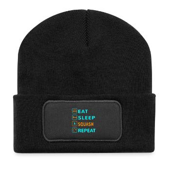 Essen. Schlafen. Squash. Wiederholen Design - Recycelte Patch Beanie - Schwarz - Vorne