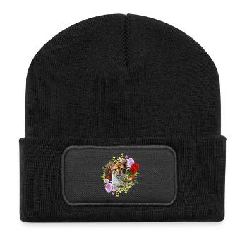 Cat laughing with rose for love - Recycled Patch Beanie - black - Front