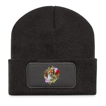 Chat riant avec rose pour l’amour - Beanie recyclé à patch - charbon - Devant