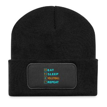 Essen. Schlafen. Volleyball. Wiederholen Design - Recycelte Patch Beanie - Schwarz - Vorne