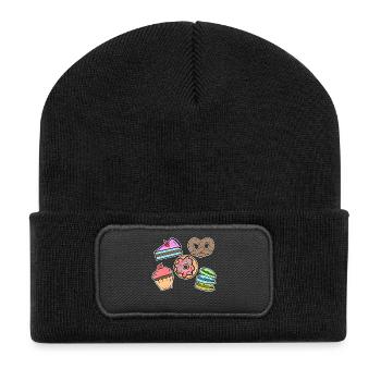 Süßigkeiten Naschen Torte Kekse Cupcake Donut - Recycelte Patch Beanie - Schwarz - Vorne