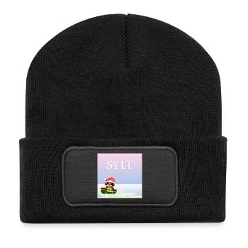 Weihnachten auf SYLT - FAULTIER SCHLITTEN - MEER - Recycelte Patch Beanie - Schwarz - Vorne