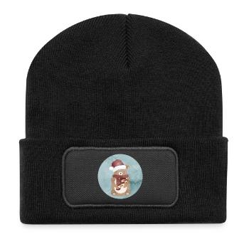 goldiger Bär für Weihnachten mit Weihnachtsmütze - Recycelte Patch Beanie - Schwarz - Vorne