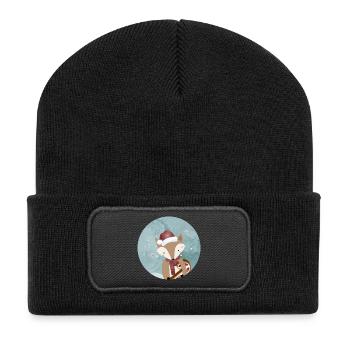 goldiger Fuchs für Weihnachten mit Zuckerstange - Recycelte Patch Beanie - Schwarz - Vorne