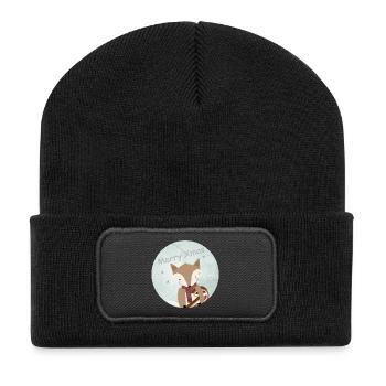 goldiger Fuchs für Weihnachten mit Zuckerstange - Recycelte Patch Beanie - Schwarz - Vorne
