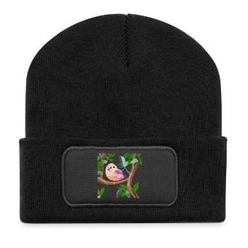 bird on a branch imitation sewn fabric - Recycled Patch Beanie - black - Front