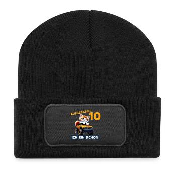 10. Geburtstag Katze auf Monstertruck 10 Jahre alt - Recycelte Patch Beanie - Schwarz - Vorne