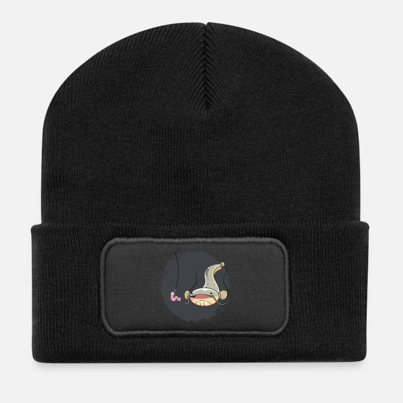 Funny Catfish Fishing Design with Worm Hook - Recycled Patch Beanie - black