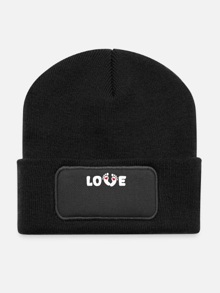 Schwangerschaft Schwanger Herz Babyfüße Familie - Recycelte Patch Beanie - Schwarz