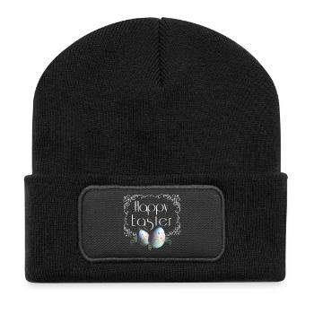 Happy Easter Schriftzug mit Ostereier - Recycelte Patch Beanie - Schwarz - Vorne
