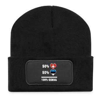 Estland und Schweiz 100% Genial Flagge - Recycelte Patch Beanie - Schwarz - Vorne
