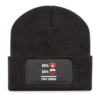Slowakei und Schweiz 100% Genial Flagge - Recycelte Patch Beanie - Dunkelgrau - Vorne