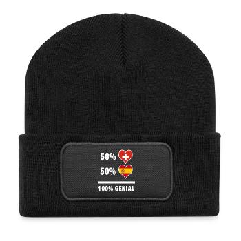 Spanien und Schweiz 100% Genial Flagge - Recycelte Patch Beanie - Schwarz - Vorne