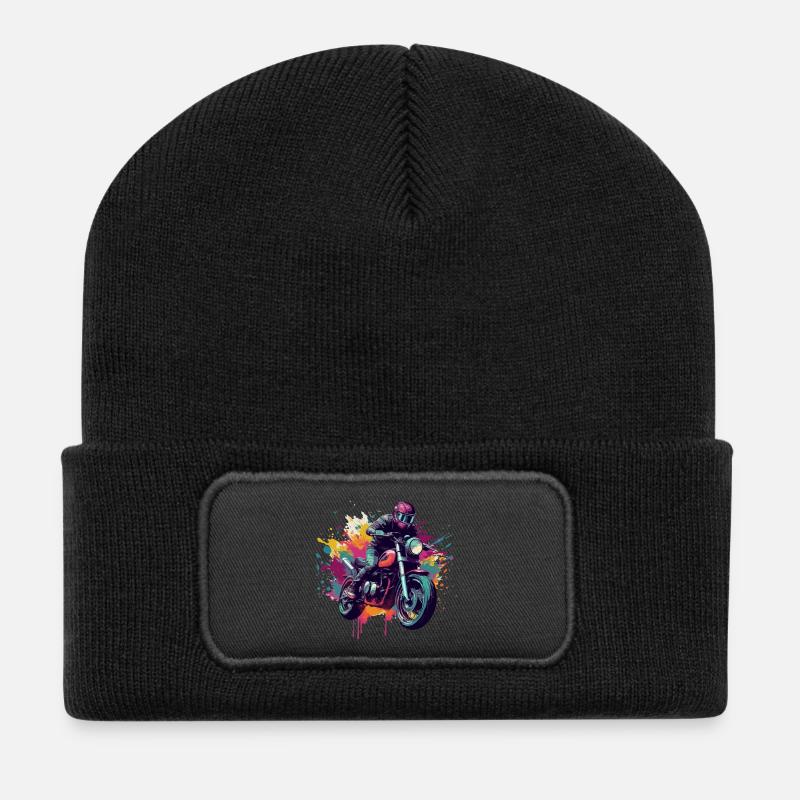 Motorrad mit Farbfleck. - Recycelte Patch Beanie - Schwarz