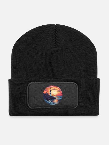 Nordsee Leuchtturm bei Sonnenuntergang - - Recycelte Patch Beanie - Schwarz